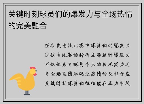 关键时刻球员们的爆发力与全场热情的完美融合