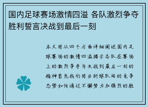 国内足球赛场激情四溢 各队激烈争夺胜利誓言决战到最后一刻 国内足球赛场激情四溢 各队激烈争夺胜利誓言决战到最后一刻