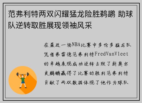 范弗利特两双闪耀猛龙险胜鹈鹕 助球队逆转取胜展现领袖风采