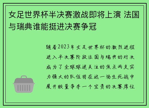 女足世界杯半决赛激战即将上演 法国与瑞典谁能挺进决赛争冠