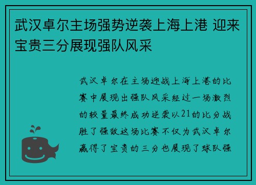 武汉卓尔主场强势逆袭上海上港 迎来宝贵三分展现强队风采